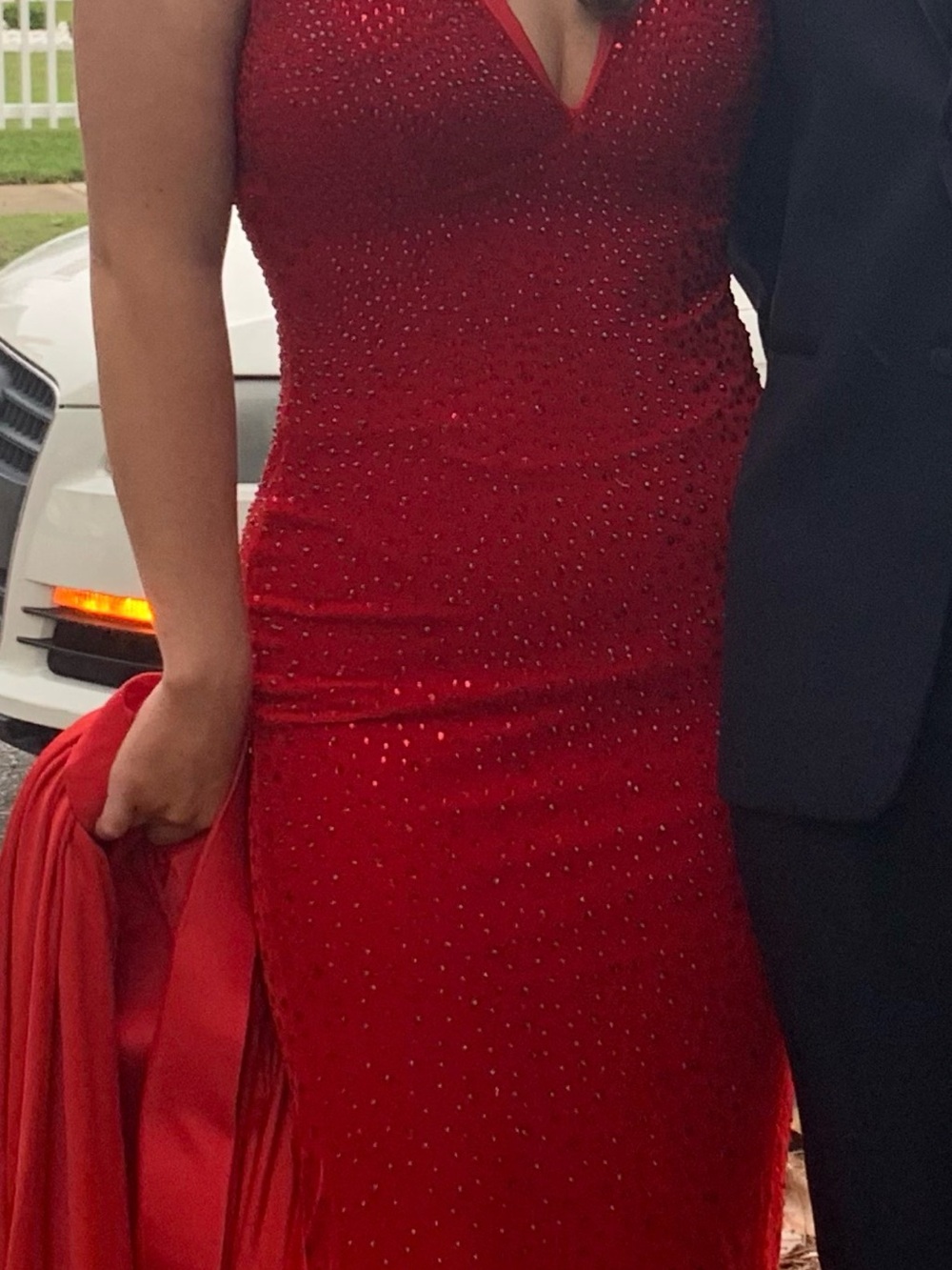 Johnathan Kayne Red Beaded V-Neck Prom Gown